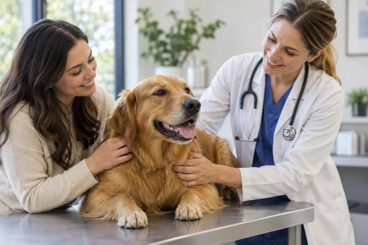 Owner and veterinarian beside a dog on an examination table